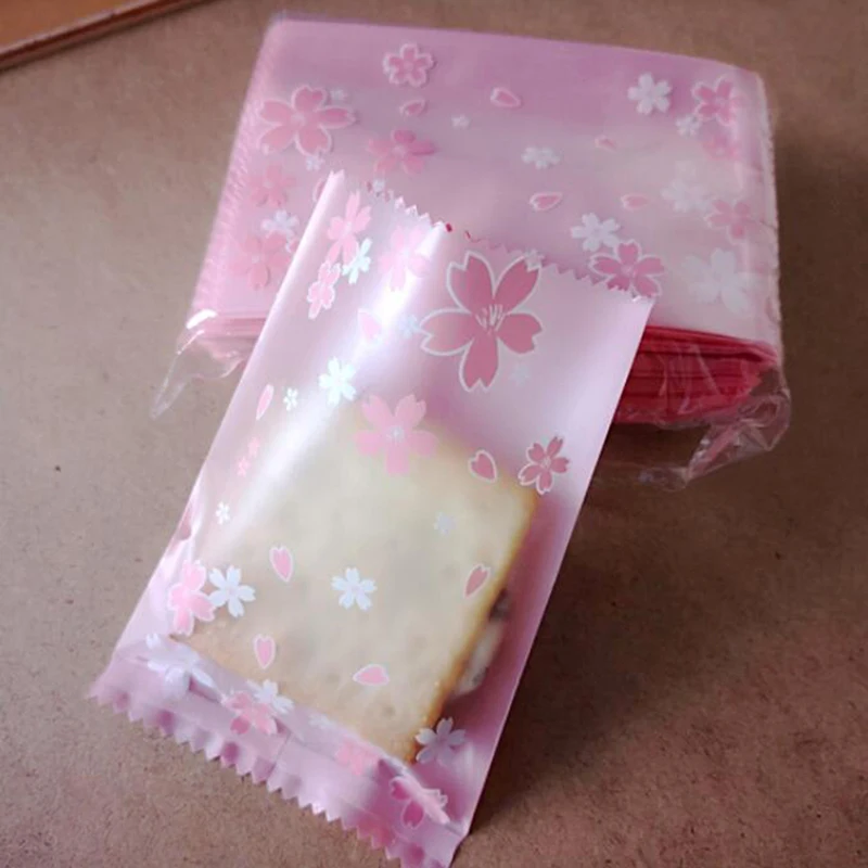 100ks viacerých veľkosti Sakura Pink Cherry Blossom Frosted Self-Abself Celfane Self Teste Cookies Balenie plastových pekárskych tašiek