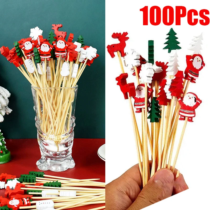 100ks vianočné jednorazové špáradlá santa bambusové špajle tyčinky bufet cupcake ovocné jedlá špáradlá