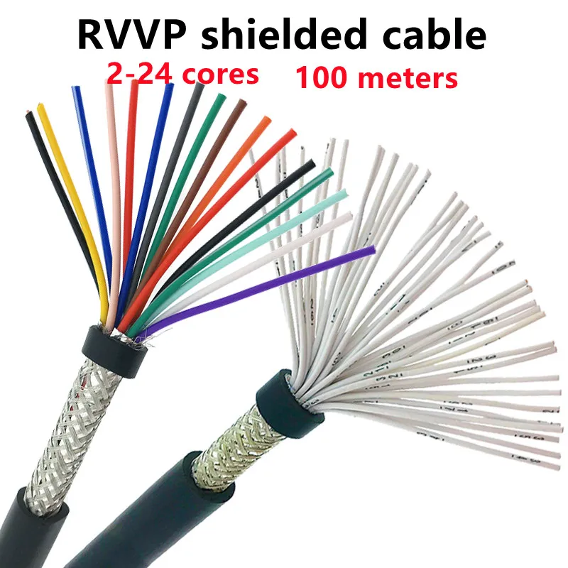 100m tienený kábel 26 24 20 18 22 AWG 2 3 4 5 6 8 10 12 14 16 20 24Core Shielded Wire Pure Copper RVVP Riadiaci drôt vodiča