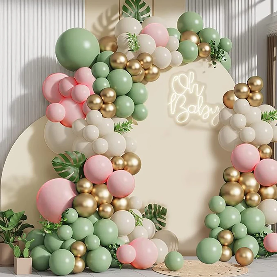 104ks džungľa téma šalvia zelené balóniky Garland biely piesok Pink Gold Balón Arch Kit narodeninová oslava svadobná dekorácia Globos