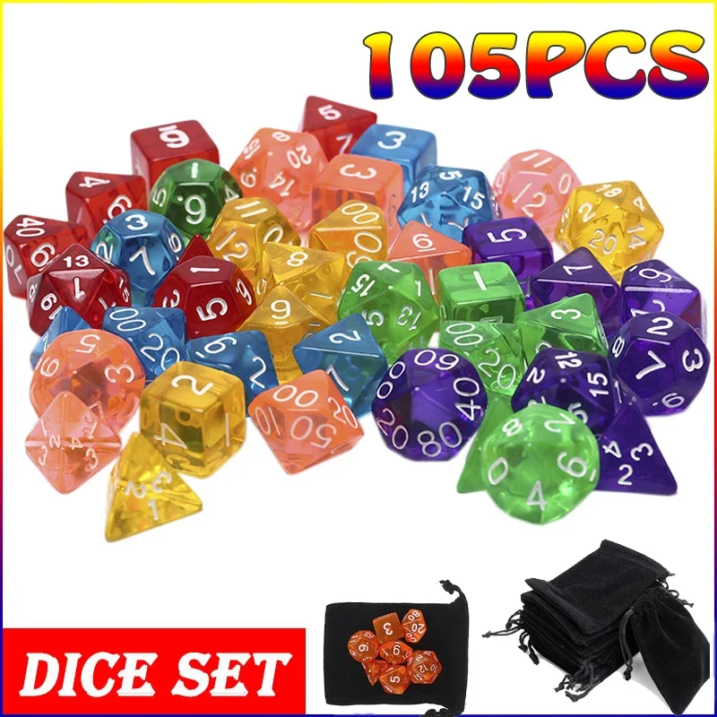 105/70/49/35/11/7ks DND kocky s vreckom D4-D20 Transparentným polyhedrálnym efektom pre DND RPG RPG ROLICKÉ STARKOVÉ ZÁKLADY