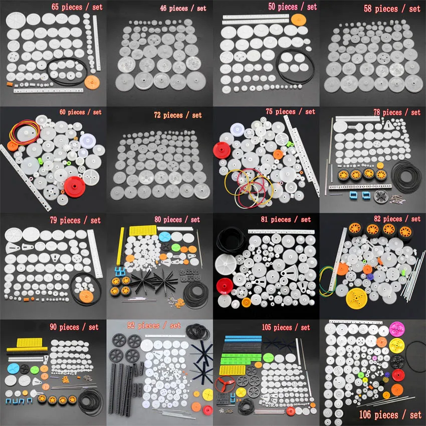 106ks/set plastových súprava prevodoviek DIY Gear Sortment Adsort Adsuctory Set pre robot hračky Motor Robot Rôzne prevodové kolesá opasok