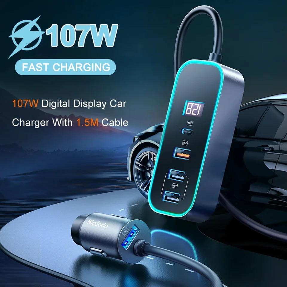 107 W cigareta zapaľovača Cigareta Splitter QC 3.0 PD 3,0 USB Car nabíjačka PD 30W Rýchle nabíjanie s digitálnym displejom USB Socket Adapter
