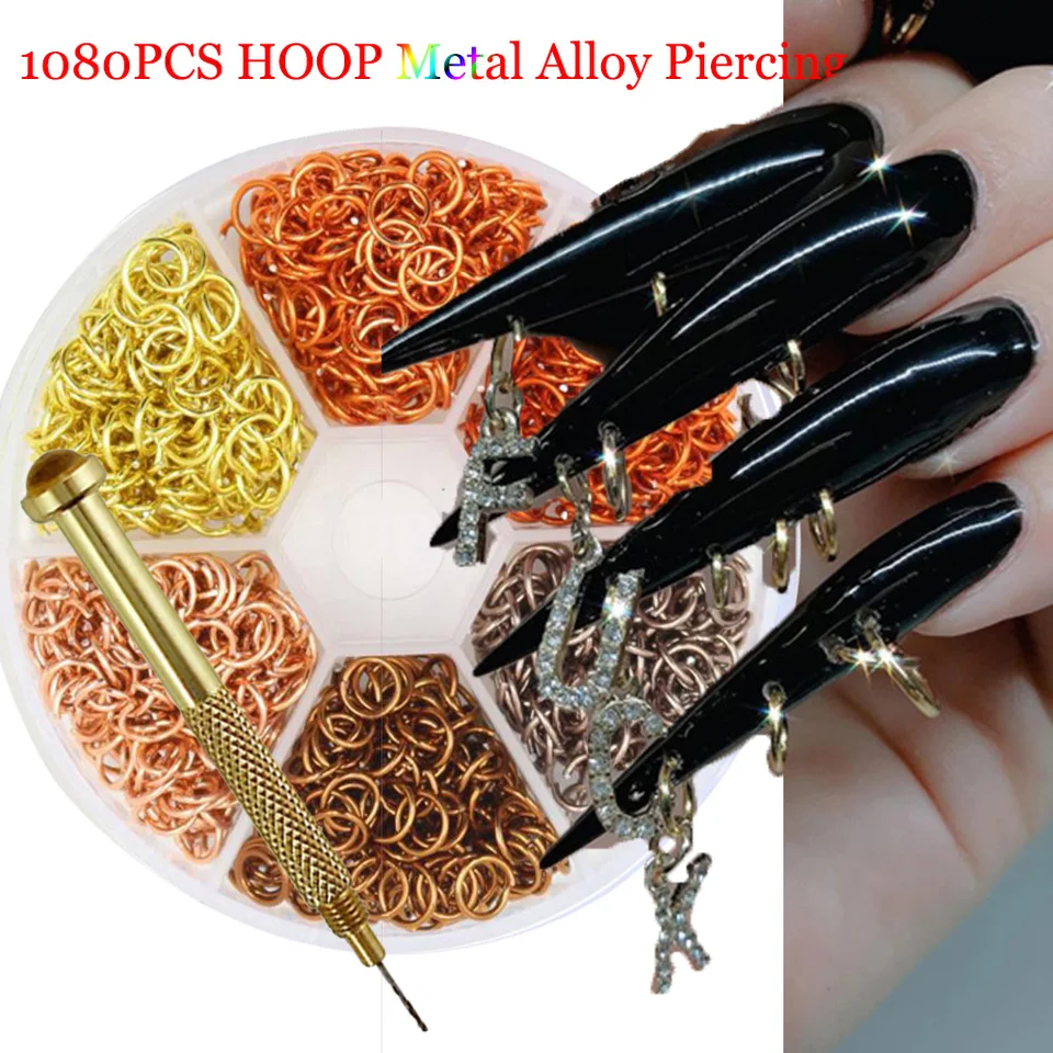 1080ks Punk Gold/Silver Hoop Ring Nail Art 6mm Otvorené kovové zliatiny Piercing Charms s 1 perom DIY manikúru piercing Dangle &*
