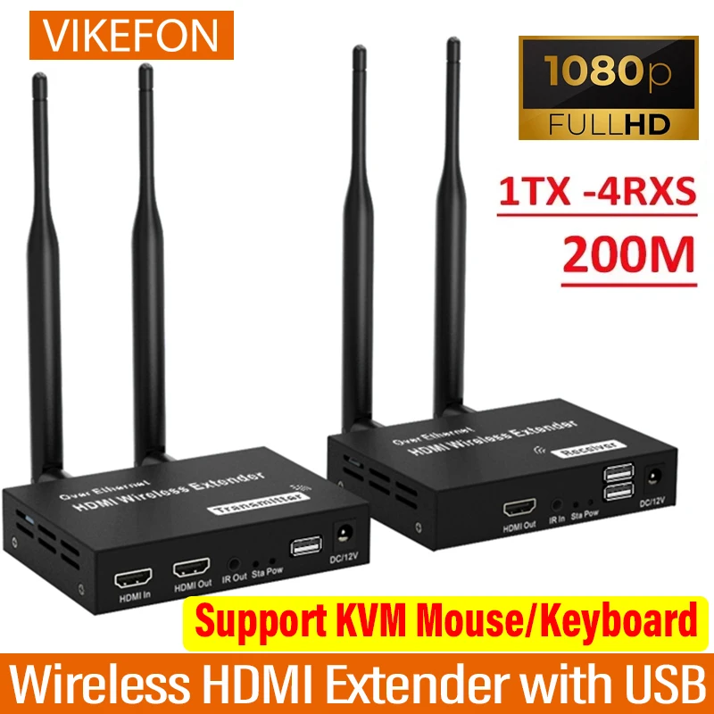 1080p 200 m Wireless HDMI Extender 1TX až 4RX VIDEITOVÝ PRÁCE VIDEITOVÝ PRÁCA S IR KVM pre projektor prenosného počítača do televízneho monitora