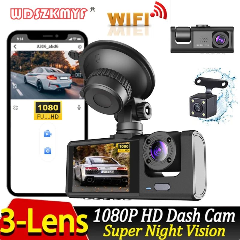 1080p Dash Cam pre autá 3 kanálový rekordér Video WiFi Dual Len Dashcam CAR DVR DVR predný zadný výhľad kamery pre vozidlá pre vozidlá