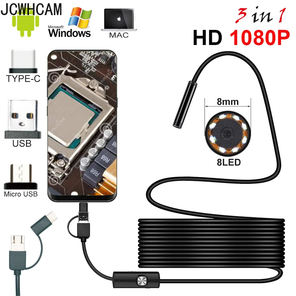 1080p Full HD Endoscope Camera MicrousB Type C Smartphone Android 2M 5 m 10m Tvrdý flexibilný drôt 8 mm endoskopia Kontrola fotoaparátu