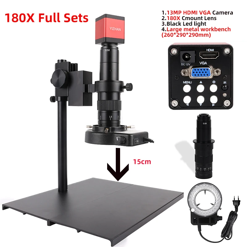 1080p HD Priemyselný mikroskop 130x/150x/180x digitálna videokamera C-Mount HDMI VGA Meranie pre opravu telefónu DPS