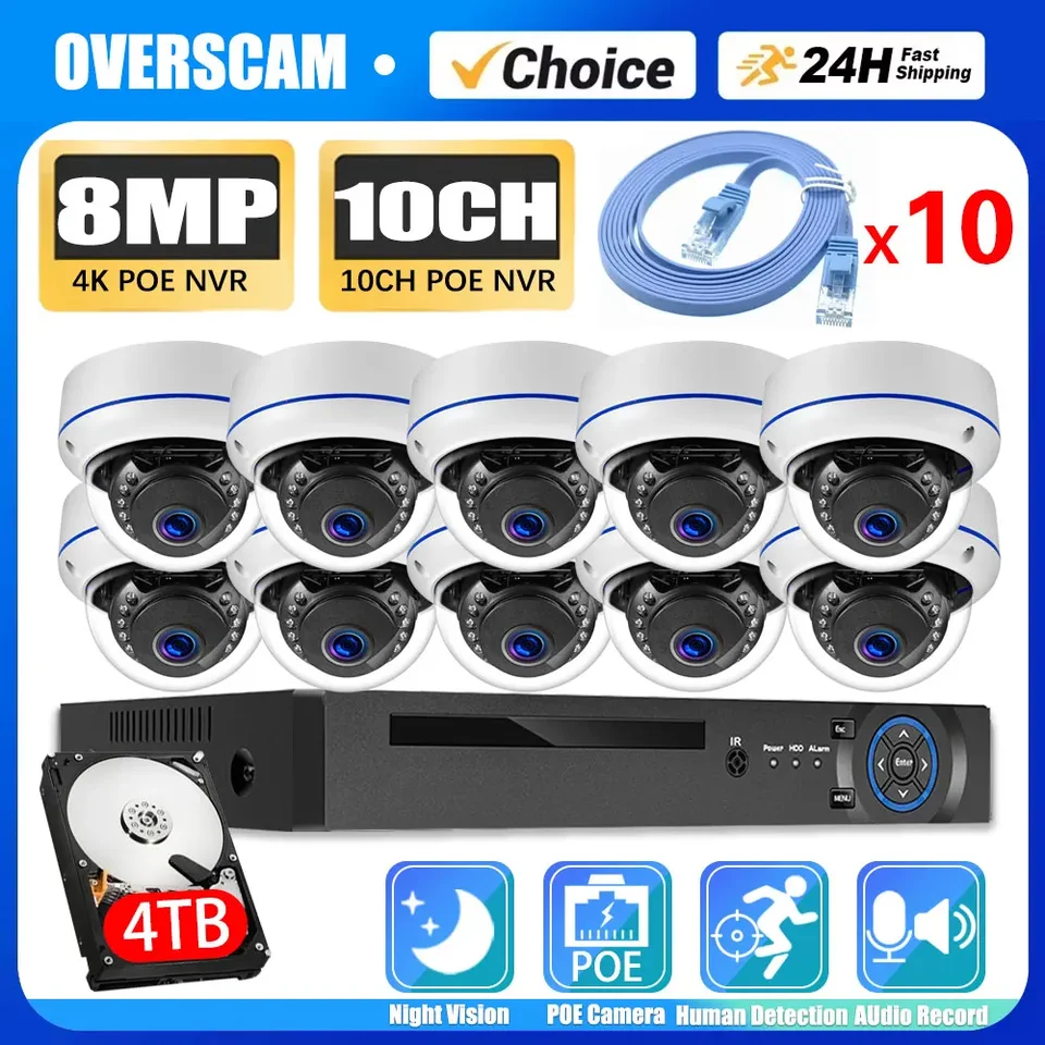 10CH 4K NVR PoE IP zabezpečenie CCTV Dome Camera Camera Systém Set Outdoor Security Camera Video Surveillance CCCAM Sada