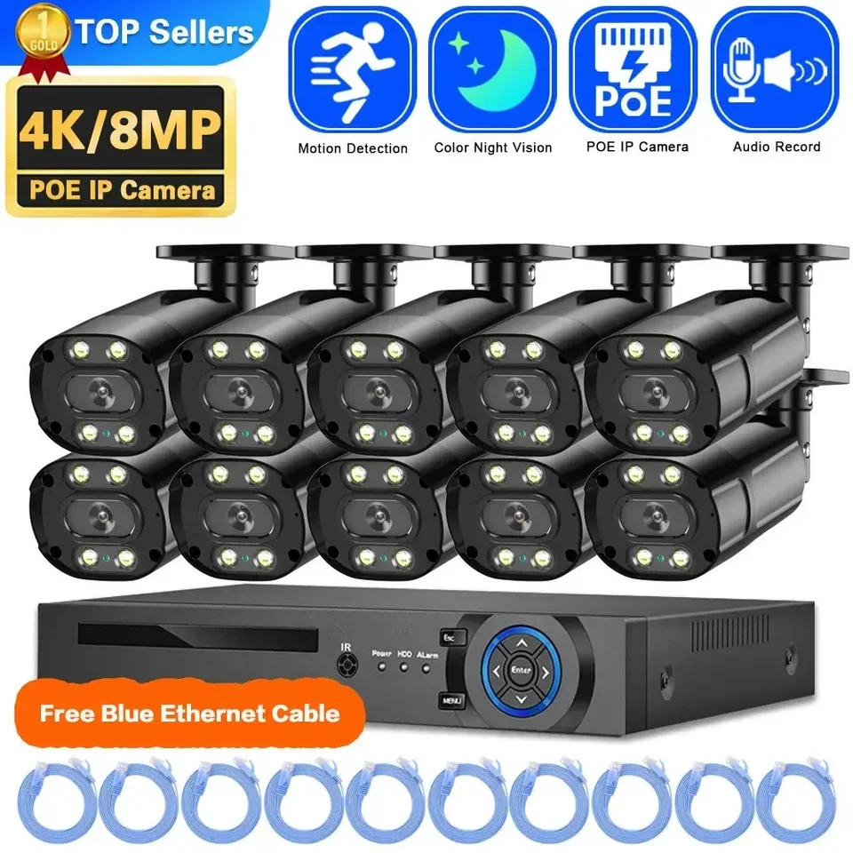 10ch 8MP Poe sledovací kamerový systém 4K Poe NVR Full Color Night Vision IP Bullet Camera Video Ochrana ochrany CCTV Cam Cam