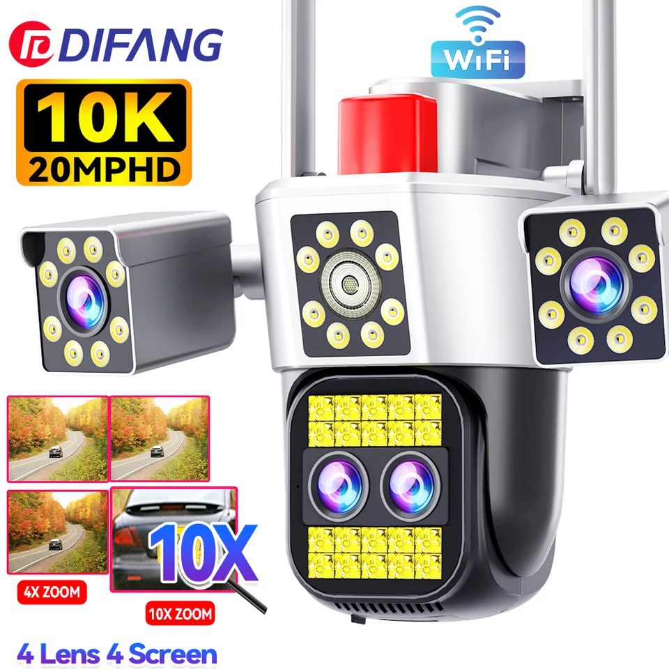 10K WiFi IP Camera Outdoor Four Lens Štyri obrazovka CCTV 10X Zoom Video sledovanie kamery Automatické sledovanie PTZ Security Camera 20MP