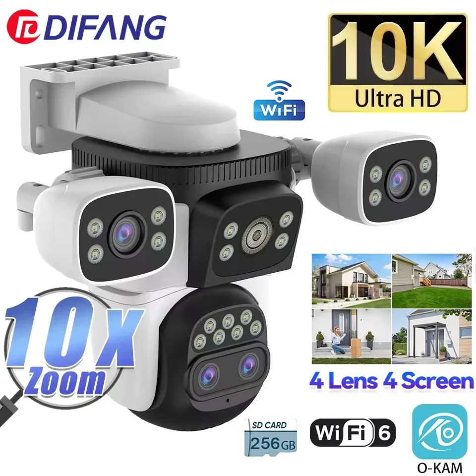 10k WiFi6 Outdoor Camera 20MP 10x Optika Zoom Zoom Štyri obrazovky Štyri objektív PTZ Automatické sledovanie 6K Dual šošovky Vodotesná bezpečnosť CCTV