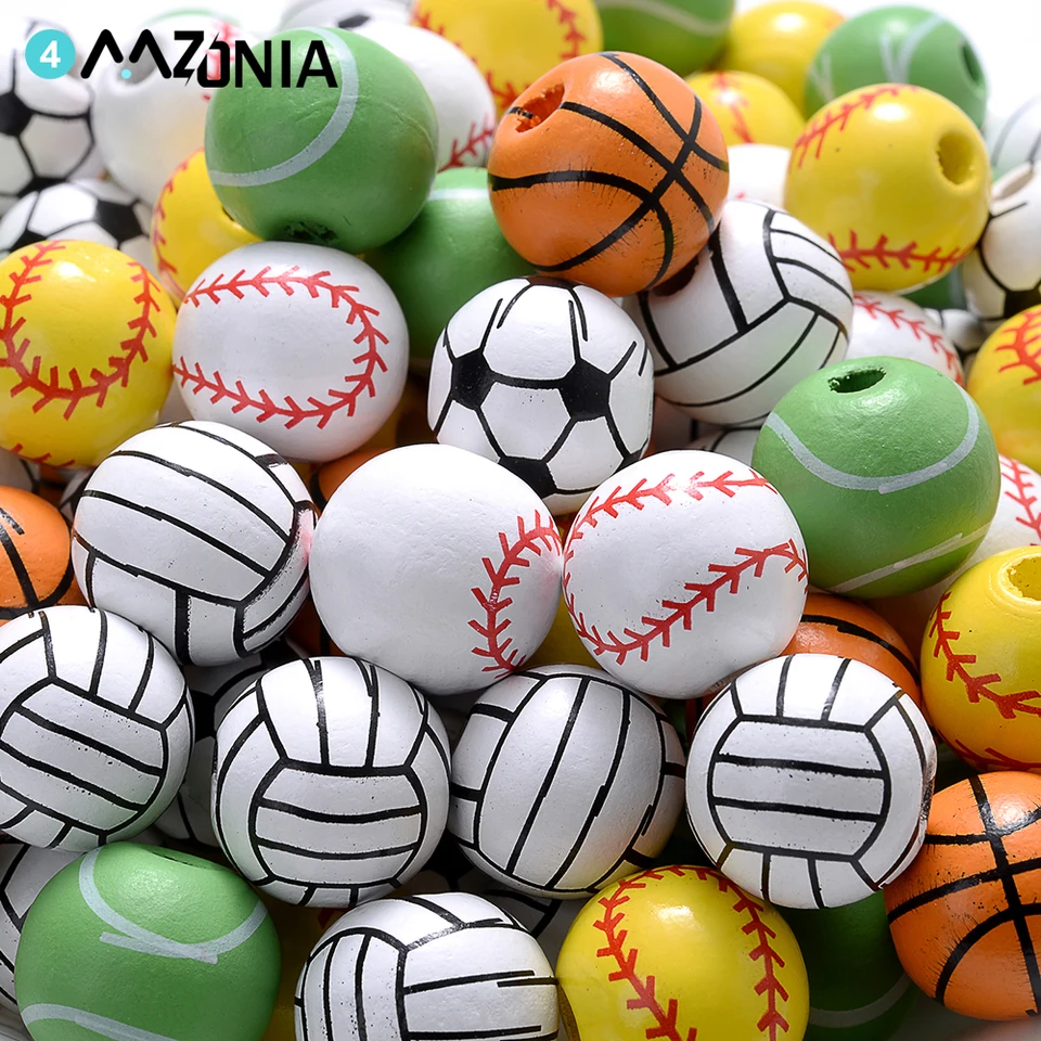 10ks 16 mm prírodné drevené korálky volejbal futbalový basketbal tenis baseball spacer korálky ručne vyrobené kutilstvo pre výrobu šperkov