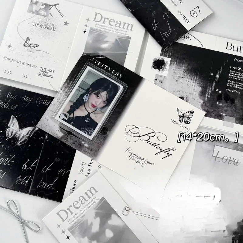 10ks 3-palcové kórejské elegantné pokročilé sense Black White Butterfly KPOP Photo karta skladacia karta ZAPNUTÁ KARTA zadku