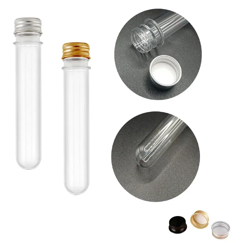 10ks 30 ml-100 ml plastových čírych trubíc pre testovacie trubice hliníkové skrutkové čiapky pre sušené kvety Candy Ask Storage Party uprednostňujú výzdobu
