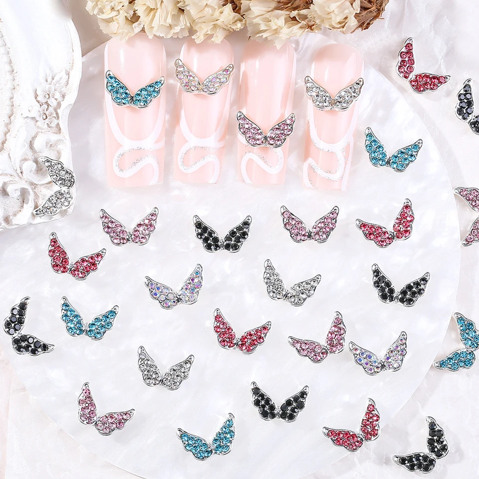 10ks 3d zliatiny Angel Wings Charms Strieborné nechty Kúzla diabol krídla na nechty kamošovky Crystal Butterfly Wings Design Gems