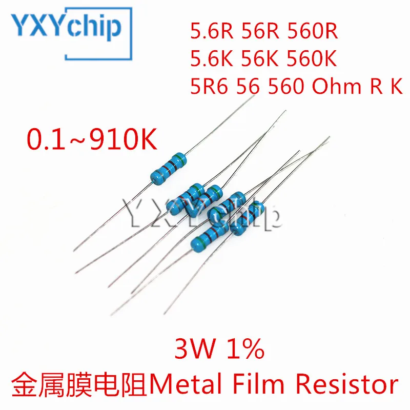 10ks 3W kovový filmový odpor 5,6R 56R 560R 5,6K 56k 560K 5R6 56 560 OHM RK Presnosť 1% odpor 0,1R-910K