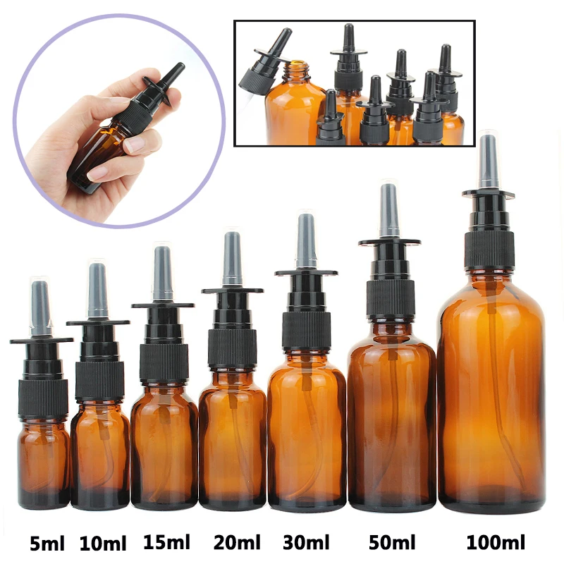 10ks 5 ml 10 ml 15 ml 20 ml 30 ml 50 ml 100 ml jantárového nosného sprejového skla s jemným nosovým hmlom postrekovača