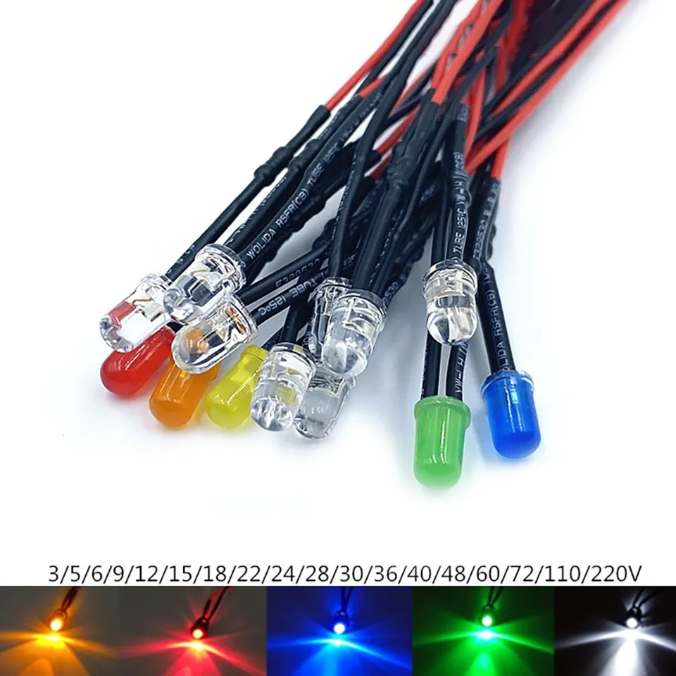 10ks 5 mm vopred zapojené LED diódy emitujúce diódy s žiarovkami LED 3V 5V6V9V 12V 24V 36V 48V 60V 110V 220V
