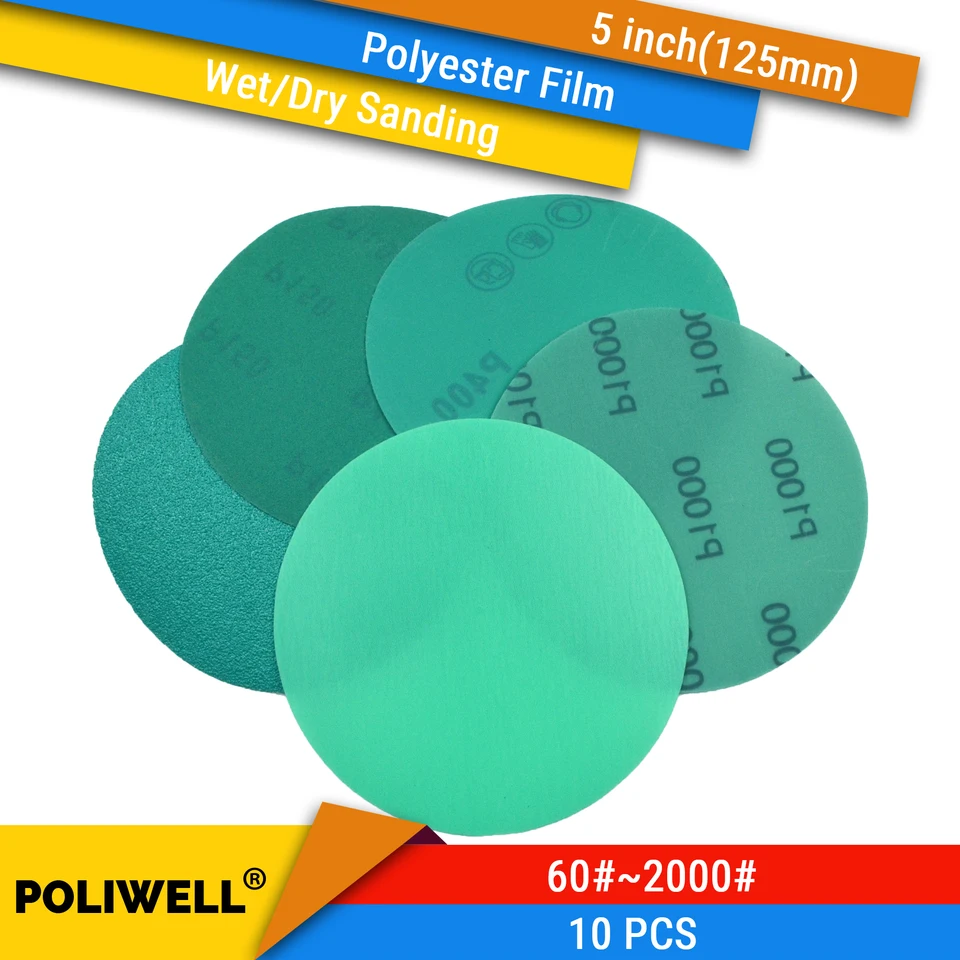 10ks 5 palcov (125 mm) Polyester Film Wet/Dry Hook & Loop Flock Green Banding Discs Paint ArSive Bandar, 60#-2000#