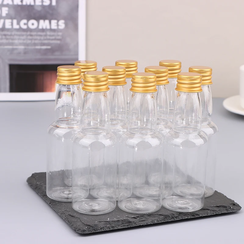10ks 50 ml Mini Clear Pet Regilble Malé fľaše na víno na večierok fľaše na svadobné likéry s vekom skrutkového skrutkovania