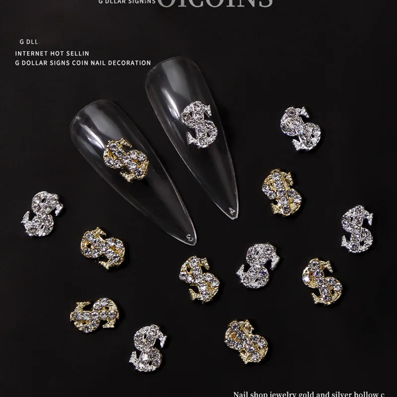 10ks 6*9 mm kovové doláre nechtové kúzla s zirkónom striebrom/zlatom luxusnej mince zliatiny 3D na nechty dekorácie DIY Design Gem Jewerry $