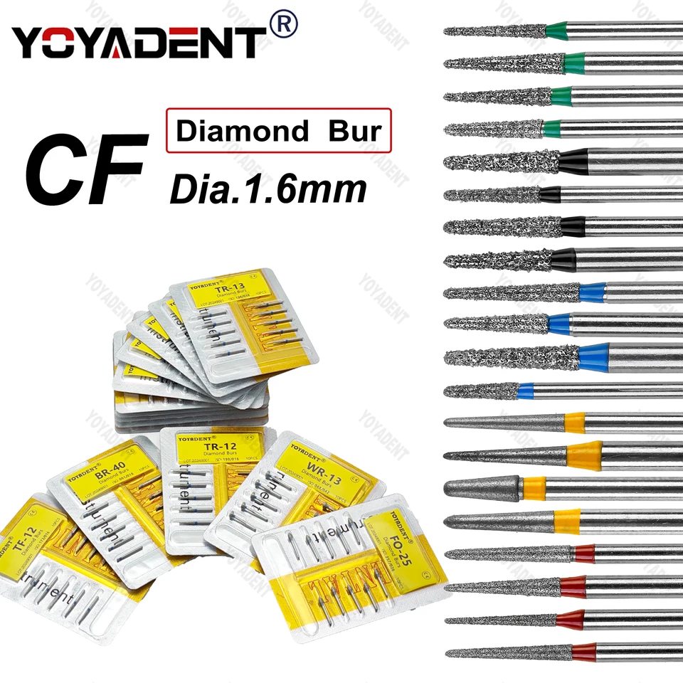 10ks/balenie typu cf štandardný/extra hrubý/hrubý/extra jemný/jemný zubný diamant burs pre vysokorýchlostný násadec Dia.1.6 mm