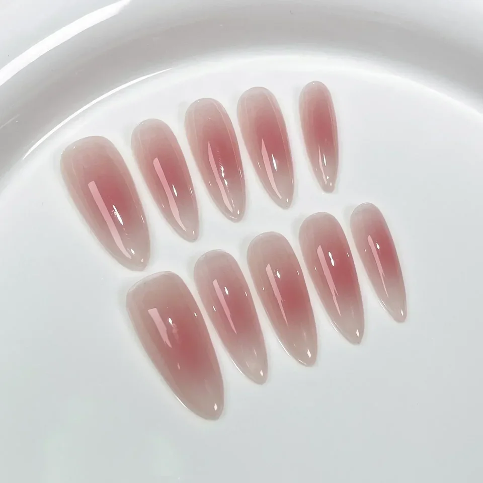 10ks Blush Pink mandľový ručne vyrábaný lis na nechty Gradient pevná farba falošné nechty s lepidlom s plným krytom akrylový lis na špičke nechtov