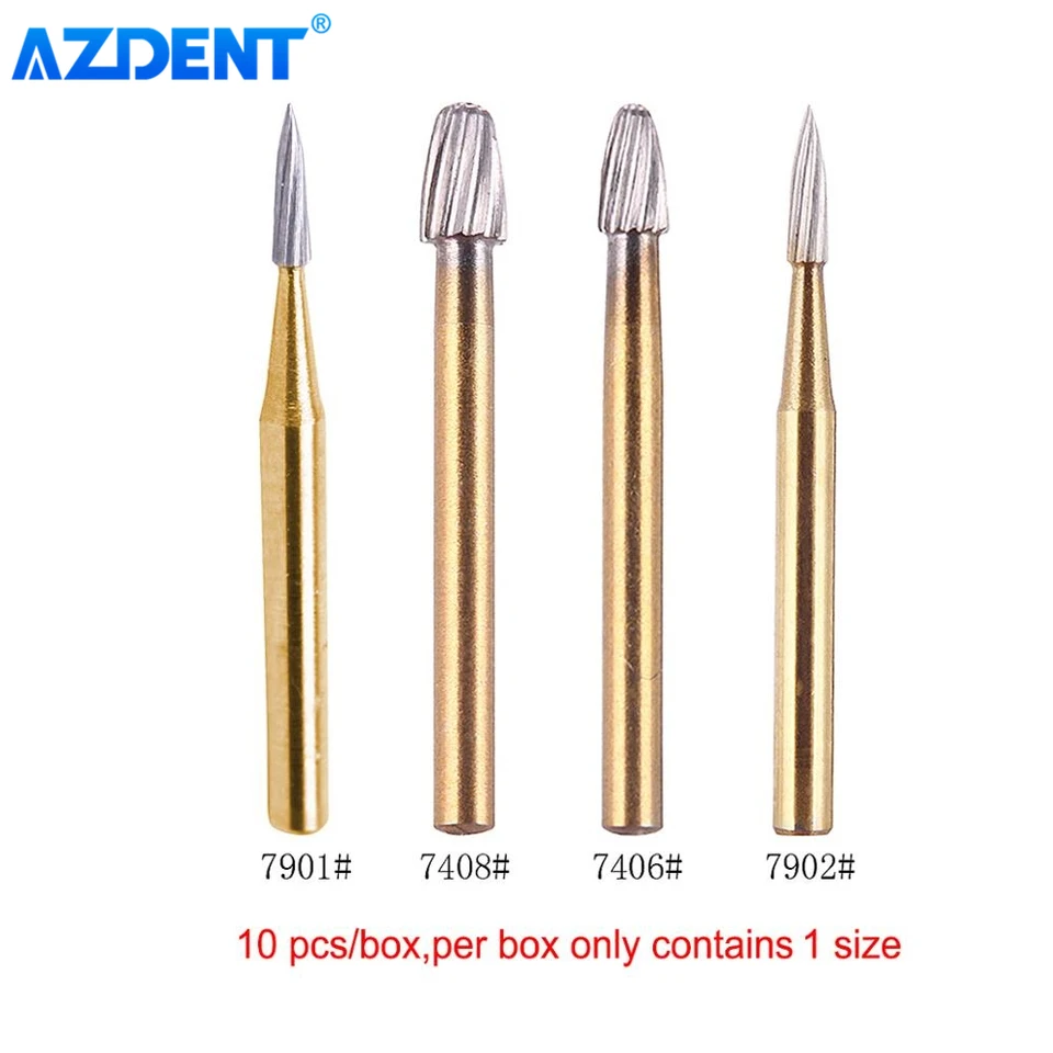 10ks/box Dental Burs Tungsten Carbid AzDent vŕtačka pre vysokorýchlostné násadné kaderky FG7901/FG7902/FG7406/FG7408 ORICING A DOPRAVA