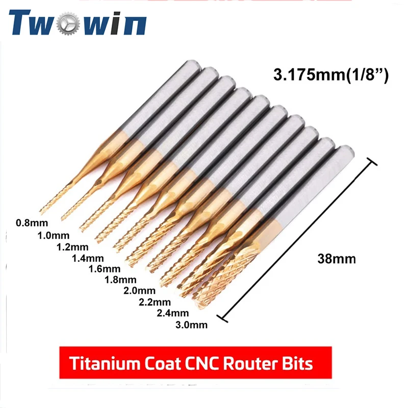 10ks CNC Router Bits Bits koncový mlyn Cutter 3,175 mm Titán potiahnutý Essential MINI MINI PCB Súprava routerových bitov pre mletie