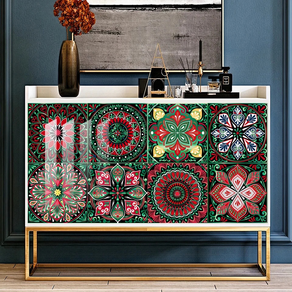 10ks Colorfu mandala dlaždice nálepka Kuchyňa Kúpeľňa Kúpeľňa Domáca dekorácia Peel & Stick Oil-Proof Ceramics PVC Art tapeta