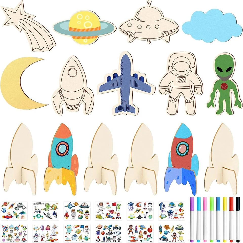 10ks Creative Drevené lietadlo mimozemské remeslá DIY maľba vesmírna vesmírna planéta pre deti narodeninové oslavy dekorácie DIY Darčeky Darčeky