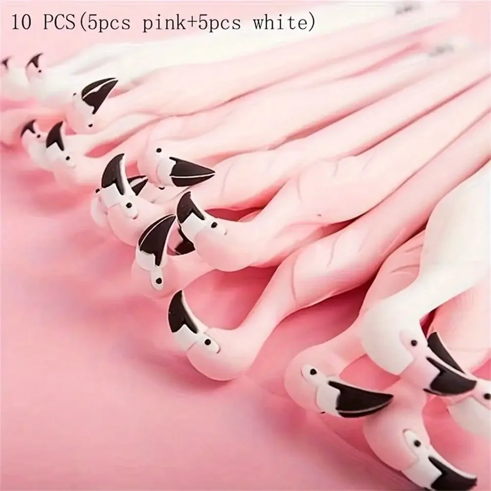 10ks Cute Flamingo Design Pres, čierny atrament 0,5 mm, stredný hrot, plastový materiál, karikatúra gélového pera, (5 ružová a 5 biela)