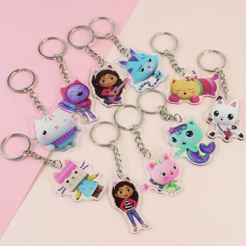 10ks Gabby Dollouh Cat Keychains Detské narodeninové oslavy Dodávky Darčeková taška Filer School School Carnival Reward Party Dekorácie