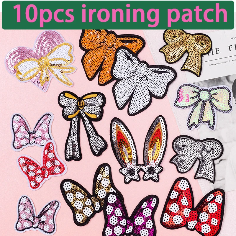 10ks Glitter Bow Ironning Patch Rabbit Ears vyšívacia handrička karikatúra Vyšívaná kapitola vrecká na odevy Dekorácie