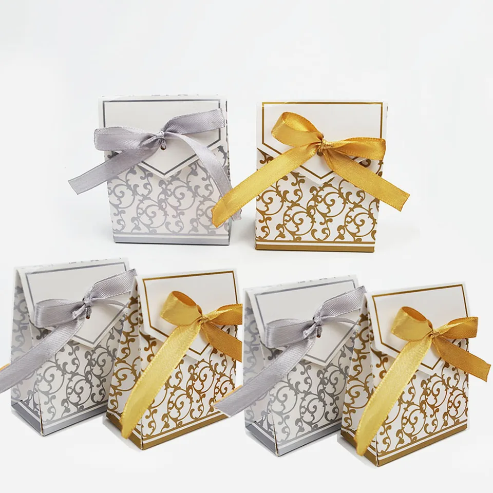 10ks Gold Lace Paper Candy Box Gold Ribbon Box Cookie Cookie sušienka na svadbu bábätká narodeniny Demonštrácie