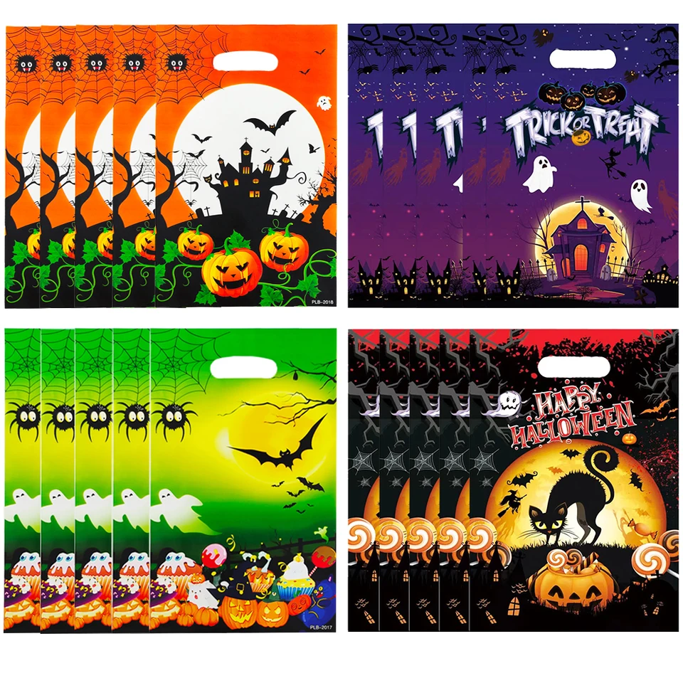 10ks Halloween Darčekové tašky Pobočky Bat Plastické cukrovinky Cookie Tašky na balenie trik alebo ošetrenie dieťaťu laskavosti Halloween dekorácie 2024