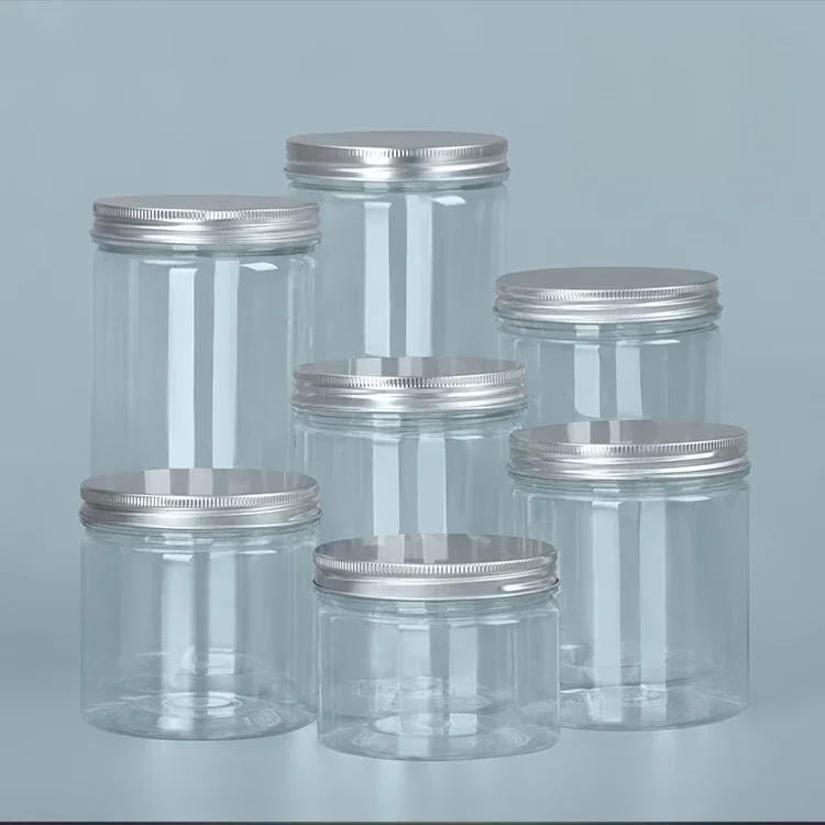 10ks hliníkové strieborné veko zapečatené nádoby Priehľadné domáce zviera Prázdne plastové fľaškové občerstvenie cukrovinky Candy Storage Storage Balenie vedra