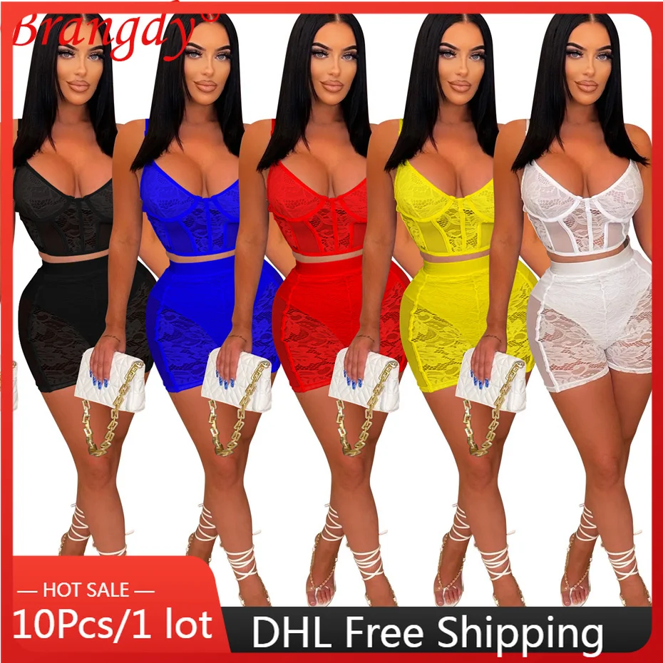10ks hromadné predmety Veľkoobchodné čipky bez rukávov pre ženy pre ženy 2 kusové súpravy Outfits Sexy Tracksuits Nightclub Party Lots B12020