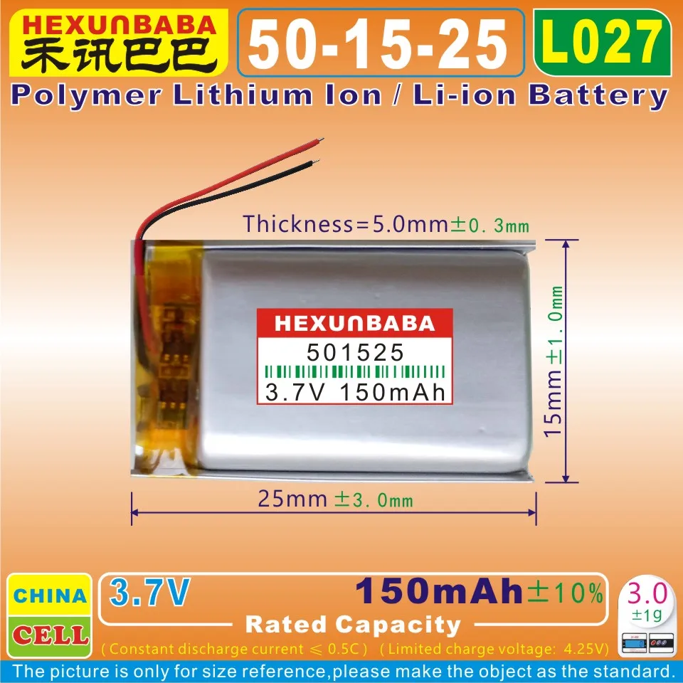10ks [L027] 3,7V 150 mAh [501525] Polymérna lítium-iónová / li-iónová batéria pre TWS, Smart Watch, Reproduktor, Bluetooth slúchadlá, MP3