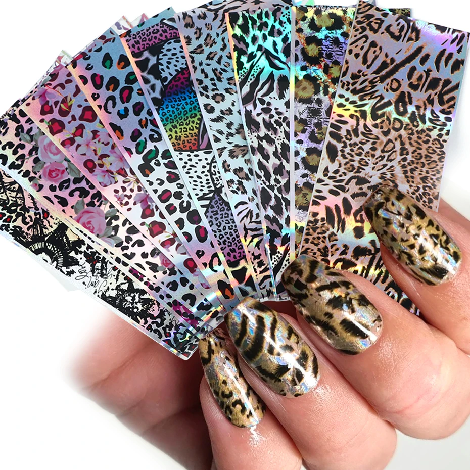10ks Laser leopard tlač na nechty prenos fólií zimný novoročné zviera pokožky vzor hviezdne papierové nálepka Sexy kúzlo manikúra nálepka