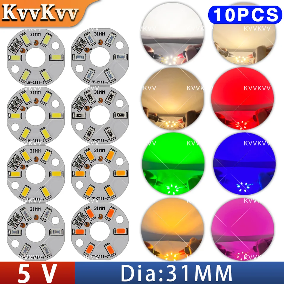 10ks LED 5V 3W farebná lampa Light Light Board SMD5730 Round Transformation Light Source Source Dia 31 mm biela červená modrá žltá fialová DIY