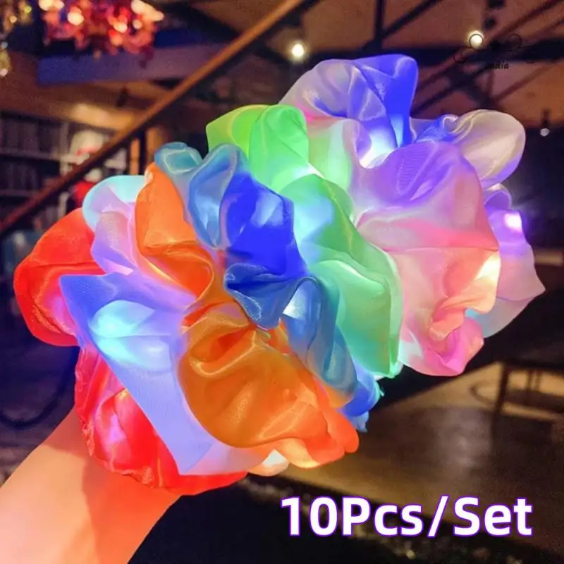 10ks LED LED Hair Scrunchie Light Up Hair Scrunchy Ponytail Držiteľ pokrývok hlavy Elastic Satin Hair Band Girl Girl Hair Accessories for Party