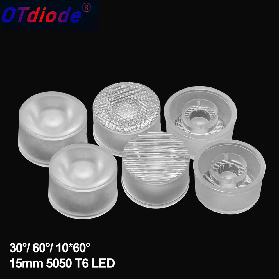 10ks LED šošovky 15 mm 5050 T6 Optický PMMA reflektor Collimator Pruhované guľôčkové povrchové šošovky 30 ° 60 ° 10*60 ° Stupeň pre L2 5050RGBW