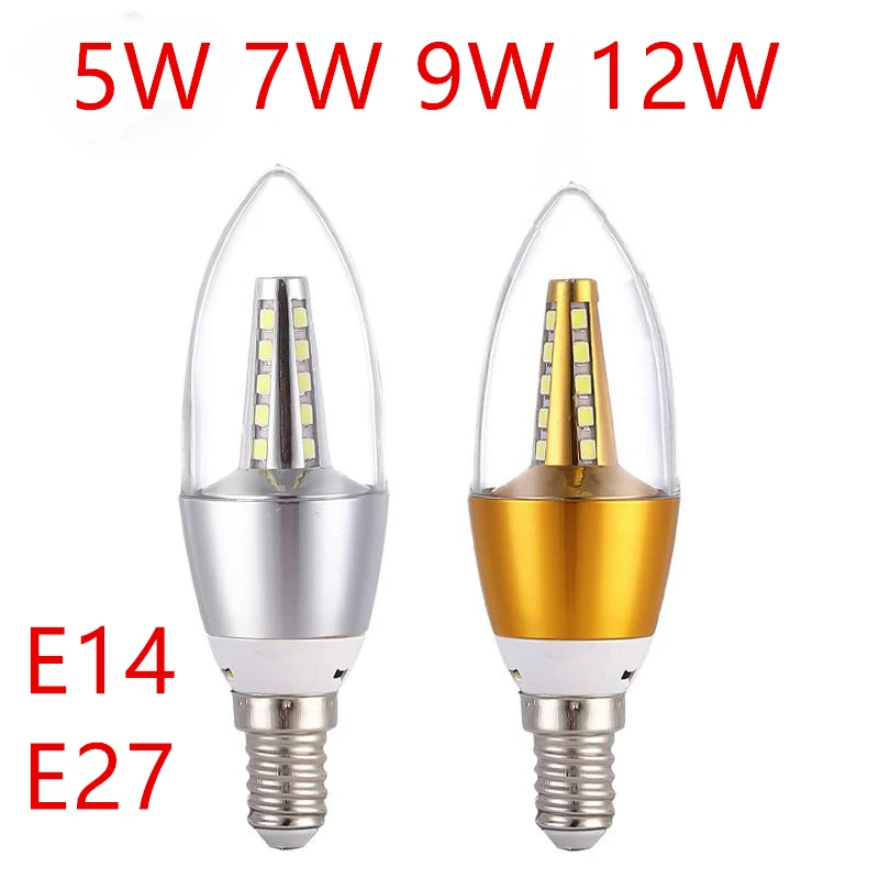10ks LED žiarovka sviečka E14 9W 12W Zlatá hliníková LED žiarovka AC 220V LED lampa Cool Warm White Lamda Bombillas Lumiere Lampara