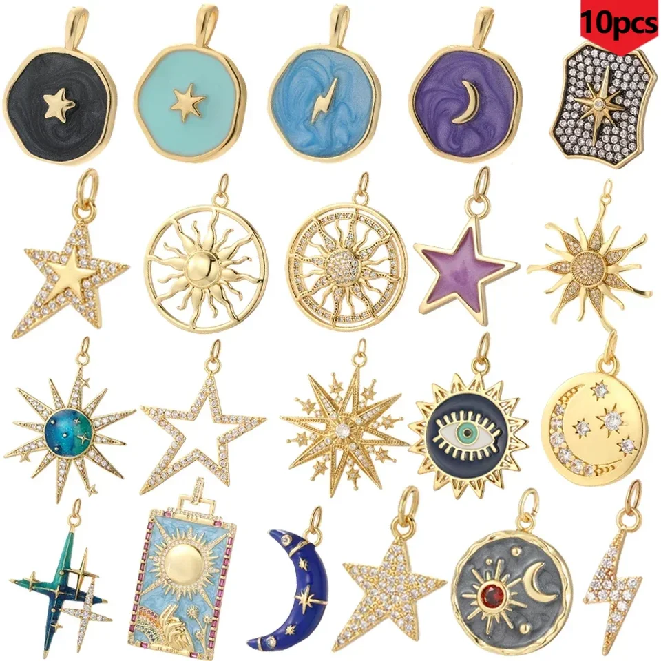 10ks Lot Bohemian Star Sun Moon Charms pre šperky výroba roztomilej planéty zlatá farba DIY náušnice Náramok Náramok veľkoobchod