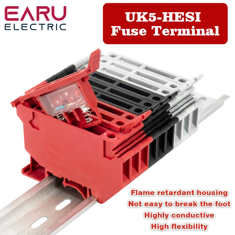 10ks/lot DIN Rail Terminálové bloky UK-5-HESI Čierna konektorová skrutka poistky konektorový konektor konektorový držiak poistky vodiča poistky