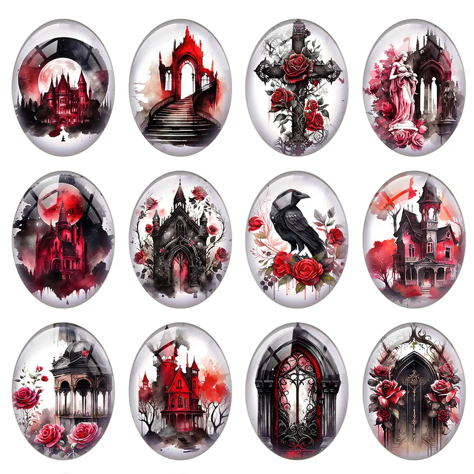 10ks/lot Halloween Gothic Red Black Dark Flower Castle Raven Oval Photo Glass Cabochon Flatback Demo Cameo DIY šperky