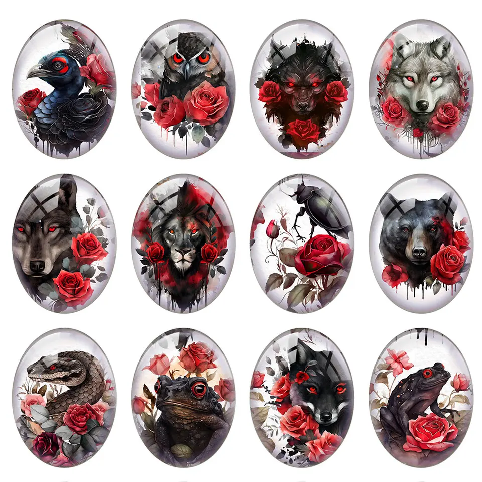 10ks/lot Halloween Gothic Red Black Flower Owl Wolf Snake Oval Photo sklo Cabochon Flatback Demo Cameo DIY šperky