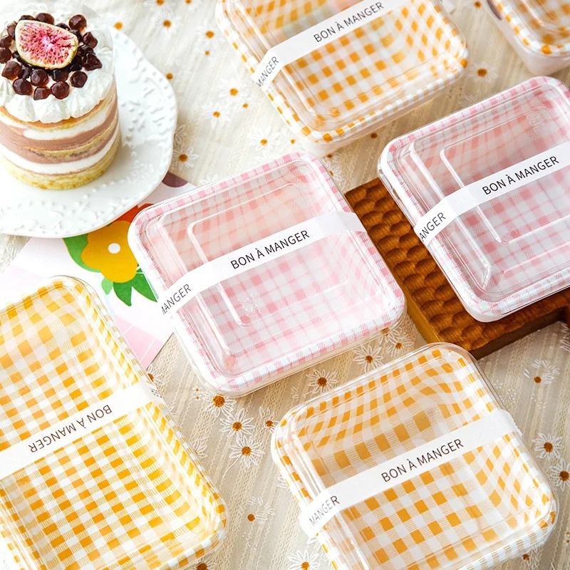 10ks na jednorazové bento box retro kockované ružové žlté plastové obalové boxy Prenosné skladovacie boxy ovocné koláče Občerstvenie